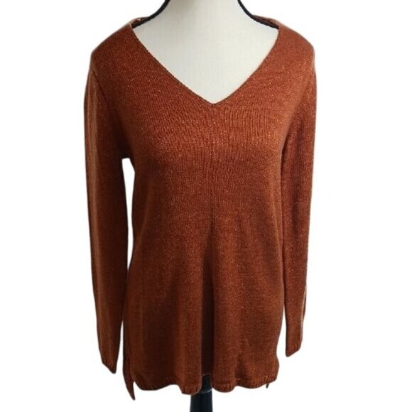Merona Sweater Rust V Neck Knit Stretch Metallic Womens Size Small - Picture 1 of 7